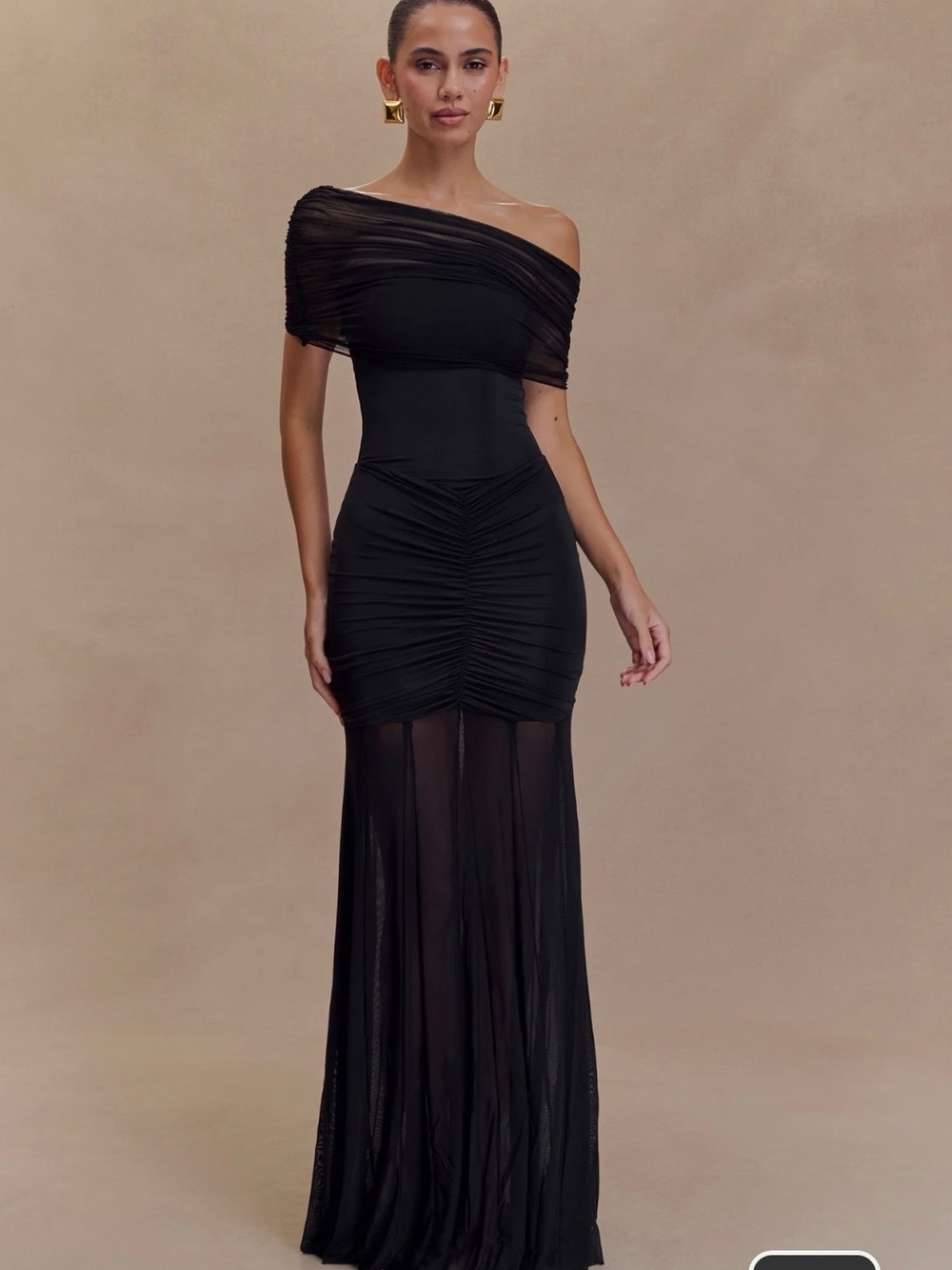 MESHKI Caspian Slinky & Mesh Off Shoulder Maxi Dress – Black – Medium – NWT